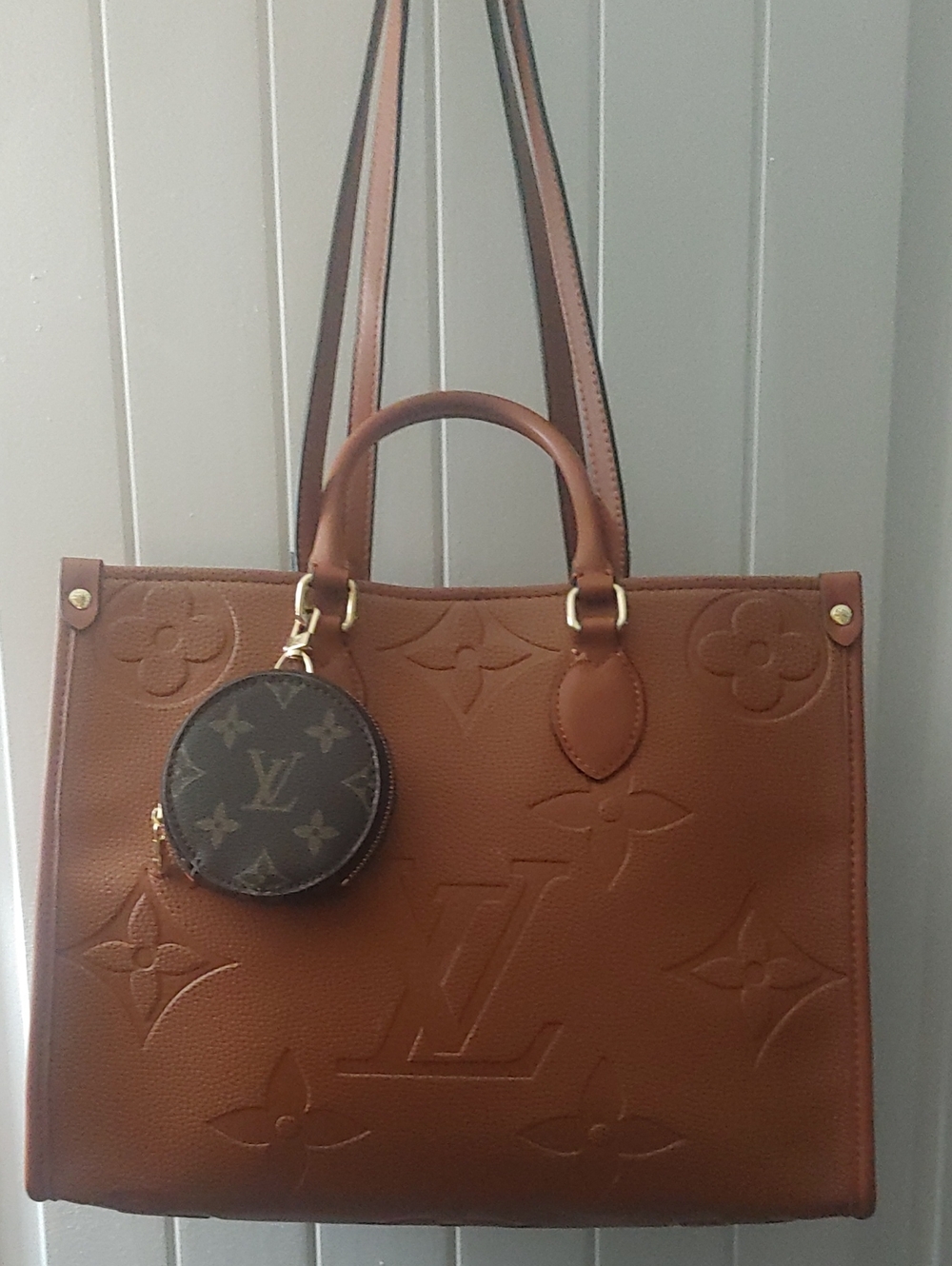 Louis Vuitton Cognac Embossed Leather Tote with Monogram Coin Pouch